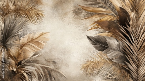 Golden Tropical Leaves on Beige Wall