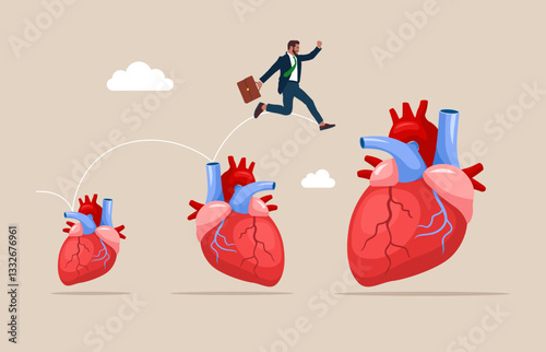 Businessman jumping from small to the big heart. Modern vector illustration in flat style. 