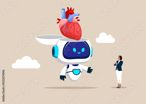 Open robot head to see human heart. Organs symbol. Medicine Design Background. Modern vector illustration in flat style.