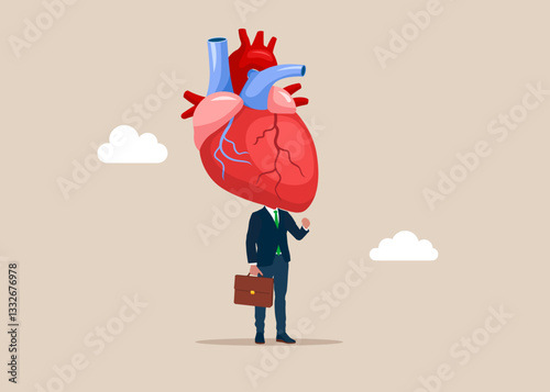 Businessman  with a heart instead of a head on shoulders. Flat vector illustration