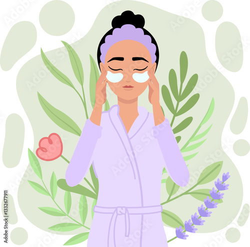 Woman applying eye patches for facial treatment with natural products