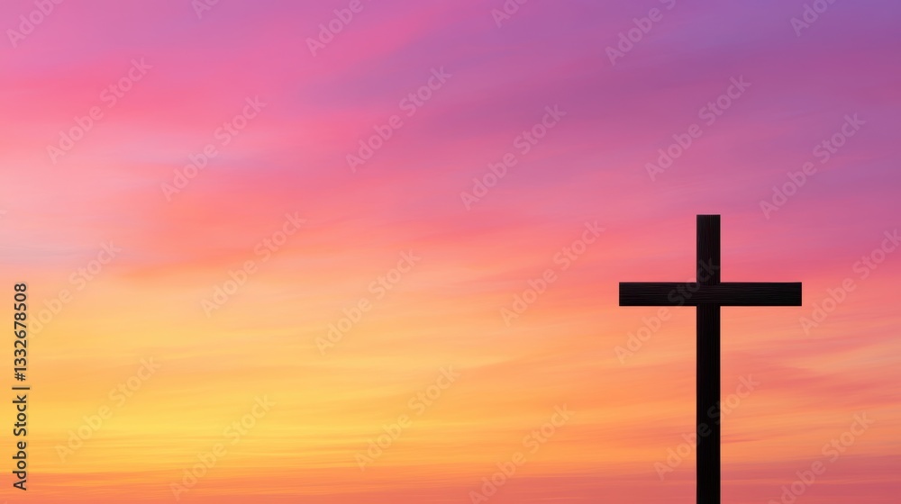 A silhouette of a cross against a vibrant sunset sky, blending shades of pink, orange, and purple, This image can be used for religious themes, spirituality, or inspirational content, A silhouette of a cross against a vibrant sunset sky, blending shades of pink, orange, and purple, This image can be used for religious themes, spirituality, or inspirational content,