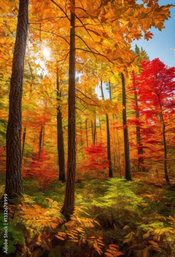 Obraz premium vibrant foliage patterns showcasing autumnal textures rich colors breathtaking canvas, leaves, nature, plants, trees, seasonal, landscape, scenery