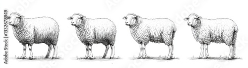 An isolated, hand-drawn ink sketch of a vintage lamb engraving, placed on a black and white background, with the silhouette of a farm animal and a backdrop of sheep
