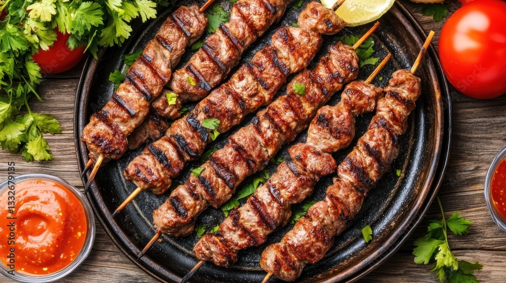 Grilled lamb skewers on a rustic plate with sauces Grilled lamb skewers on a rustic plate with sauces