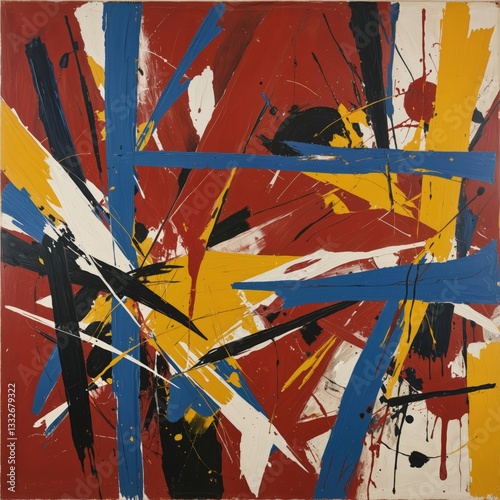 The abstract artwork contains a vibrant mix of shapes and colors