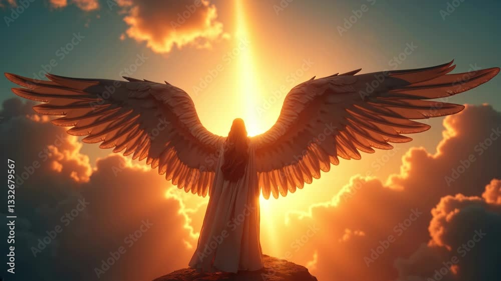 Majestic angel figure silhouetted against radiant sunset, wings fully extended. Ethereal beam of light illuminates the celestial being amidst dramatic golden clouds.
