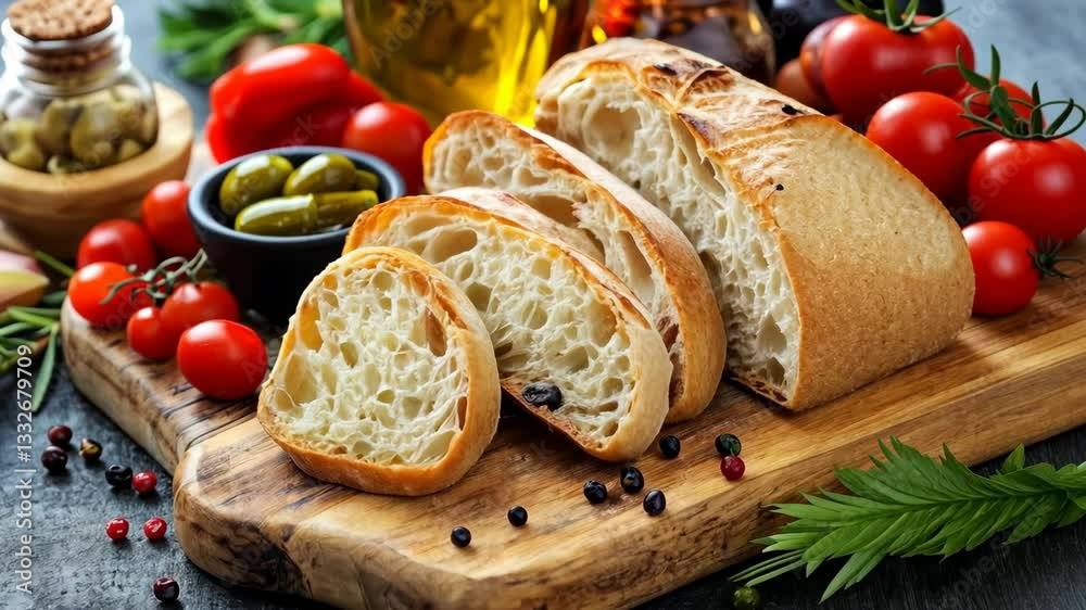 Freshly baked artisanal bread with tomatoes and olives on a wooden board in a rustic kitchen setting Freshly baked artisanal bread with tomatoes and olives on a wooden board in a rustic kitchen setting