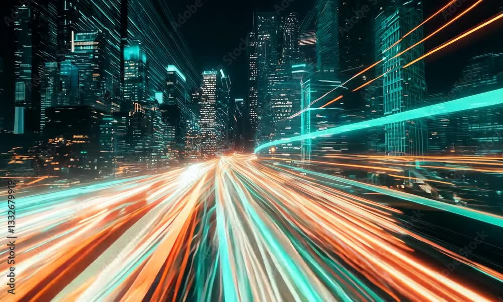 Traffic on freeway interchange. Aerial night view timelapse city traffic. UHD, 4K,
night illuminated flight over city downtown traffic aerial topdown panorama 4k timelapse