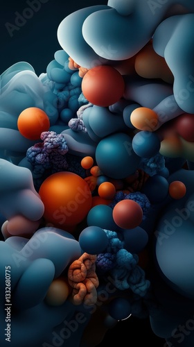 Colorful Abstract Shapes and Spheres Create a Vibrant Visual Composition in a Dark Environment Showcasing 3D Textures