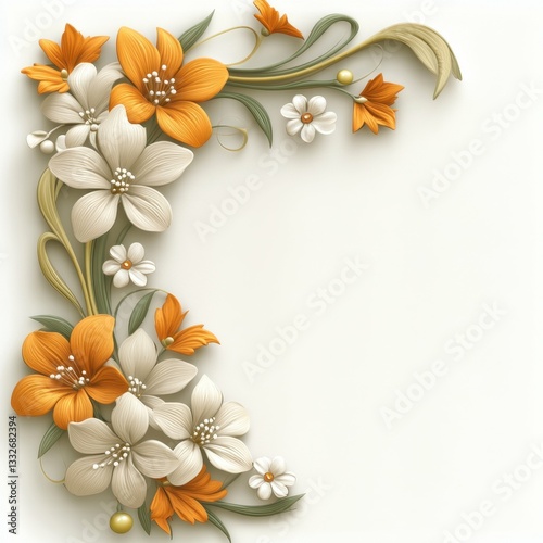Floral Design Featuring Orange and White Flowers With Intricate Detailing on a Light Background