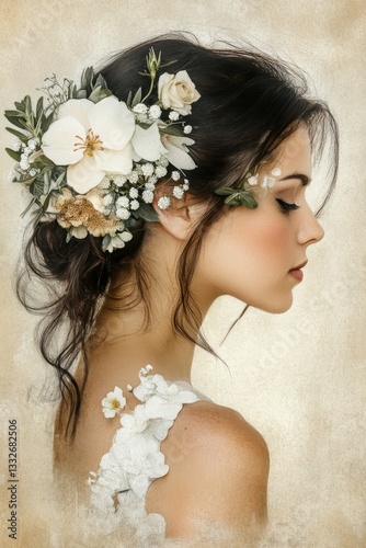 Woman With Floral Hairstyle Showcasing Elegance in a Soft, Vintage Style Portrait With Delicate Features