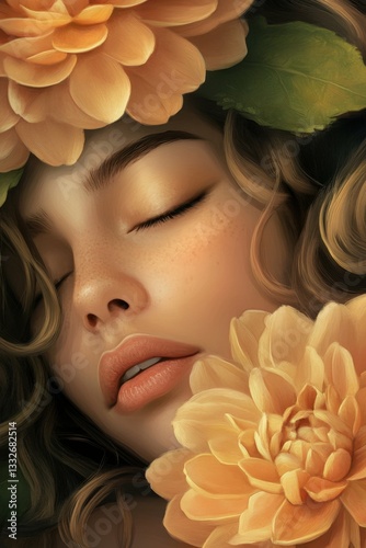 Softly Sunlit Face Surrounded by Blooming Flowers in a Serene Natural Setting