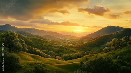 Majestic Sunset Over Rolling Hills and Valleys in a Serene Landscape During Golden Hour