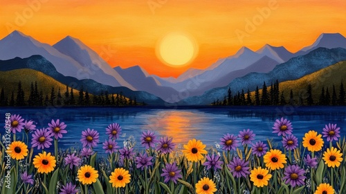 Colorful Sunset Reflecting on Tranquil Lake Surrounded by Blooming Wildflowers in the Mountains