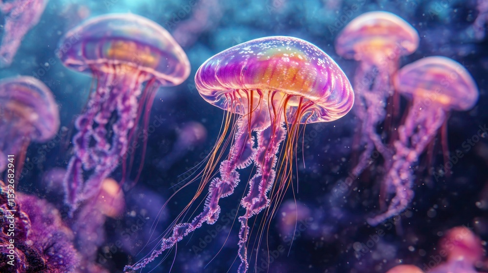 Obraz premium A Group of Jellyfish Floating Serene and Gently in the Deep Ocean