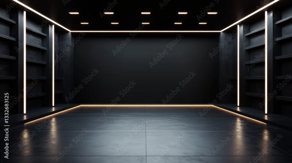 Fototapeta premium This image showcases a modern, minimalist room illuminated by subtle LED lights, emphasizing a sleek and sophisticated design in a dark aesthetic environment.