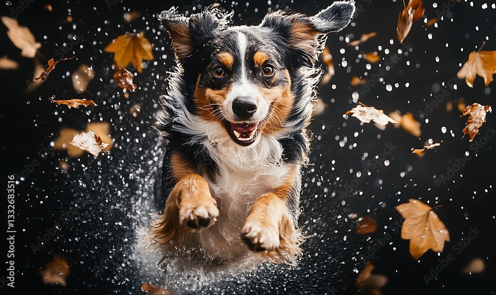 A Happy Dog Leaping Through Water And Autumn Leaves A Happy Dog Leaping Through Water And Autumn Leaves