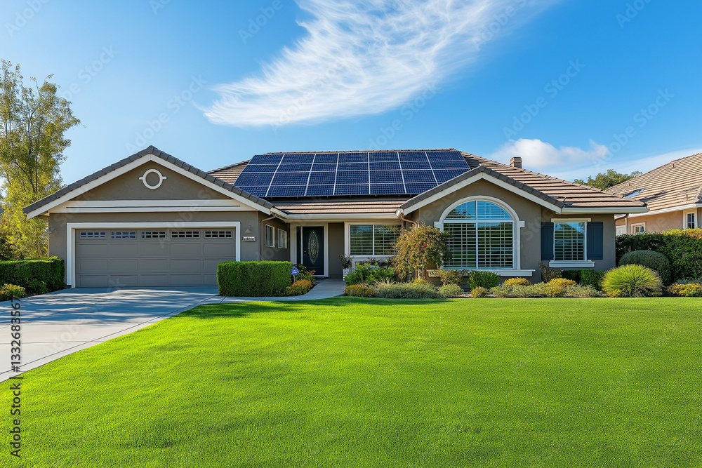 Obraz premium Solar Panels on modern house roof. End of the day, Idyllic atmosphere
