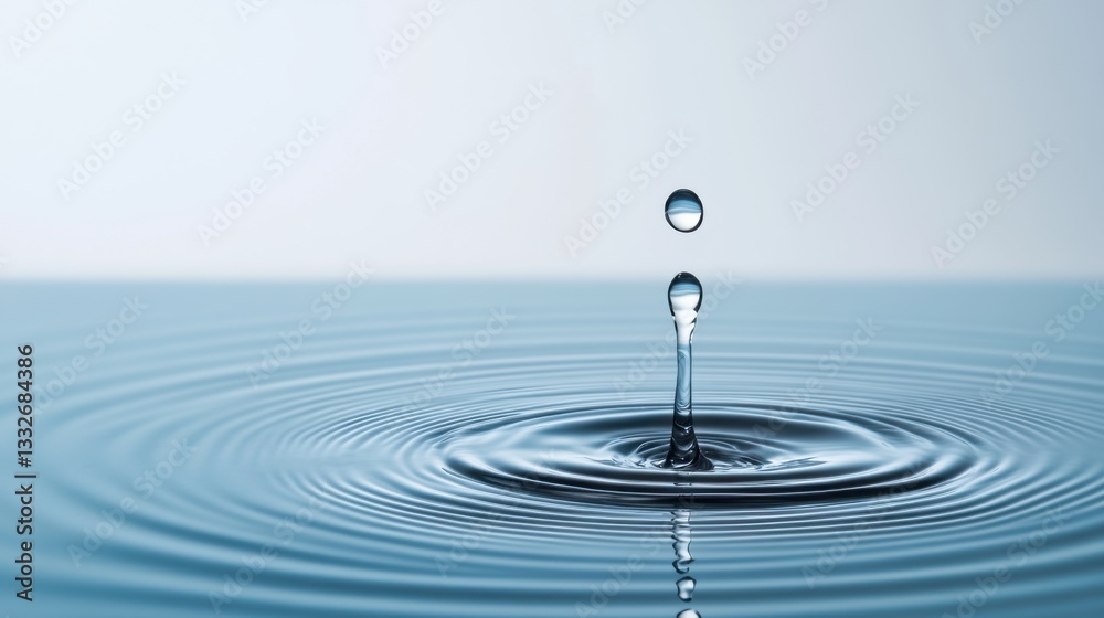 Water Drop Creating Ripples on Calm Surface with Soft Blue Background for Relaxation and Meditation Themes Water Drop Creating Ripples on Calm Surface with Soft Blue Background for Relaxation and Meditation Themes