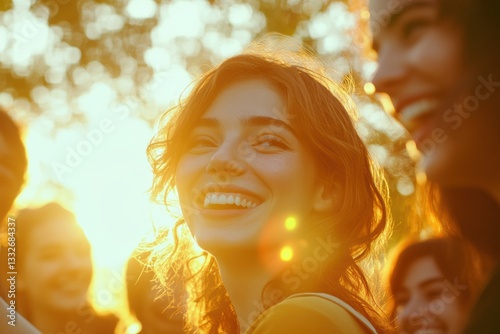 Joyous gathering of friends laughing in a sunny park filled with warmth and bright colors celebrating together Generative AI