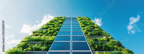 Modern Vertical Garden with Solar Panels Against a Blue Sky
