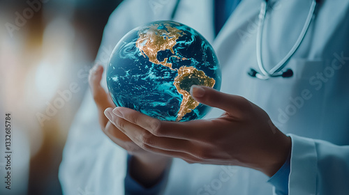 Fototapeta Naklejka Na Ścianę i Meble -  Doctor Holds Glowing Digital World Globe