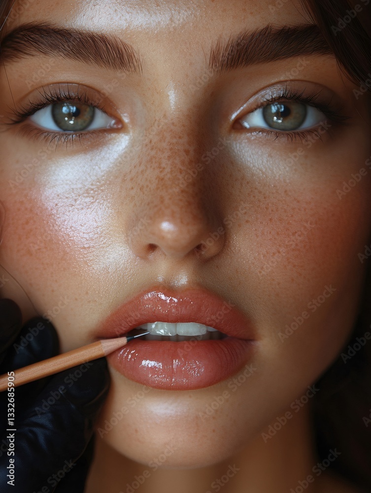 Naklejka premium Makeup artist applying lip liner on model's lips for perfect makeup