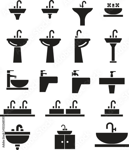 sink unit icon in flat, set use for kitchen and bathroom washbasin sign isolated on transparent background