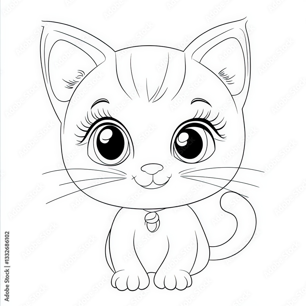 Obraz premium Cute kitten wearing a bell coloring page for kids