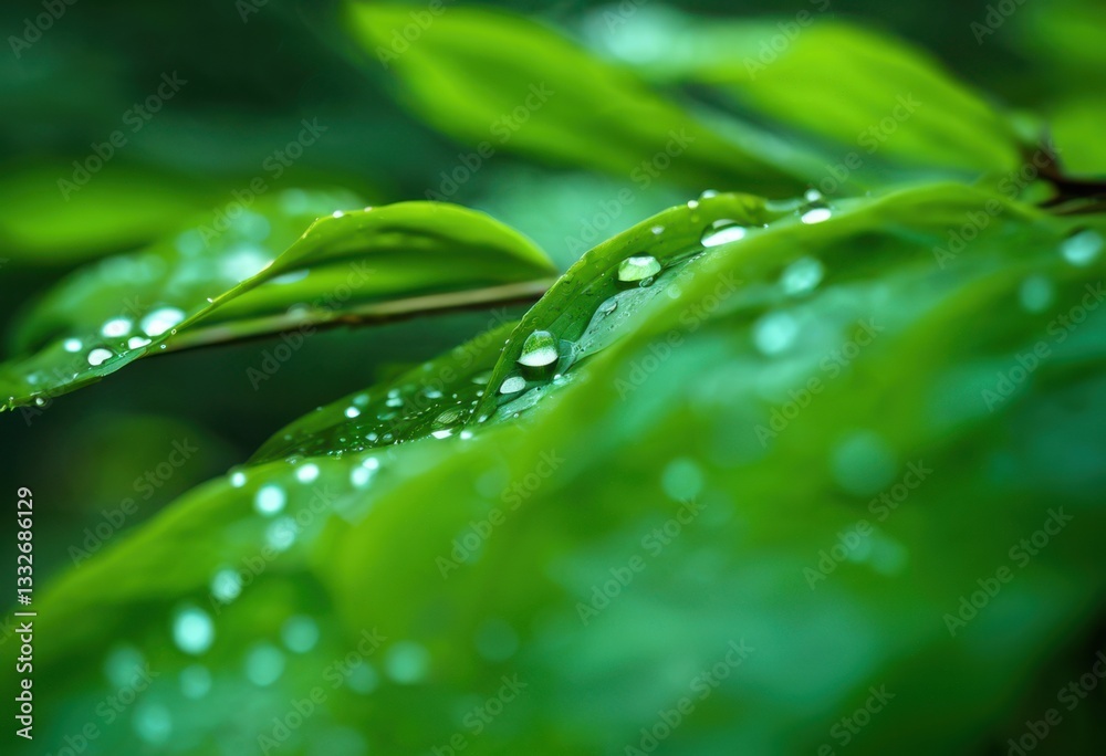 Fototapeta premium macro vivid raindrops glimmering fresh green leaves capturing beauty, leaf, nature, water, vibrant, droplet, flora, foliage, freshness, environment, park
