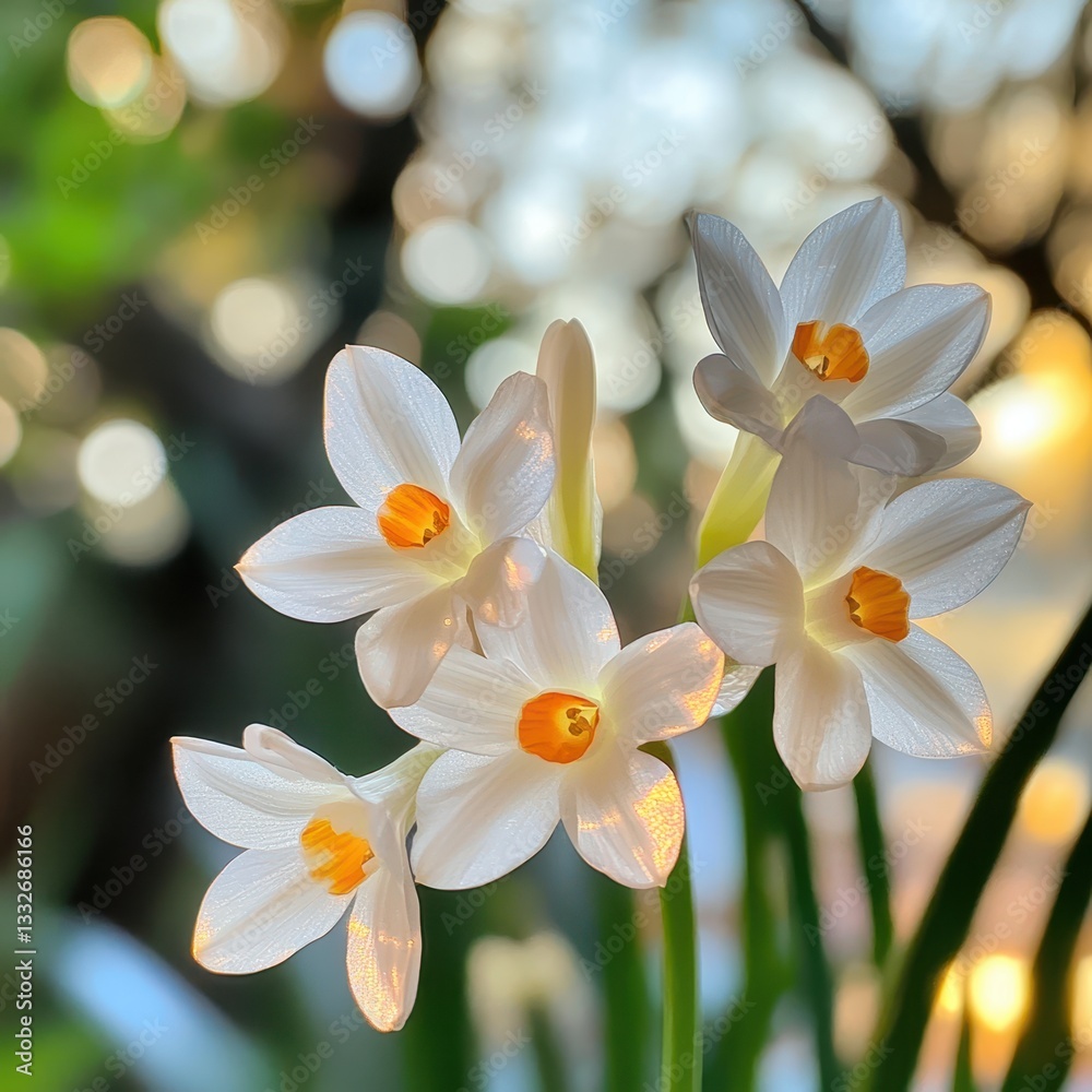 Naklejka premium Delicate White Flowers with Bright Orange Centers Against a Soft Bokeh Background in Natural Light, Perfect for Spring-themed Designs and Projects