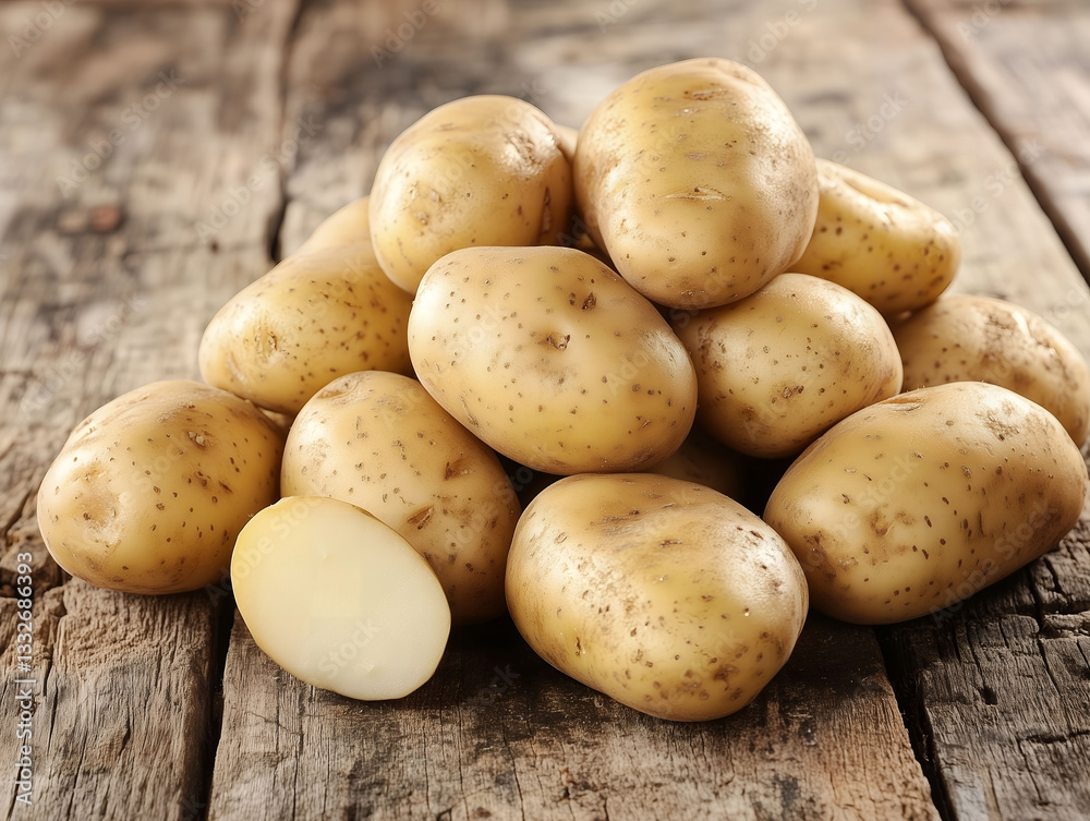 Fresh Potatoes on Weathered Wood, Rustic Potato Close-Up Fresh Potatoes on Weathered Wood, Rustic Potato Close-Up