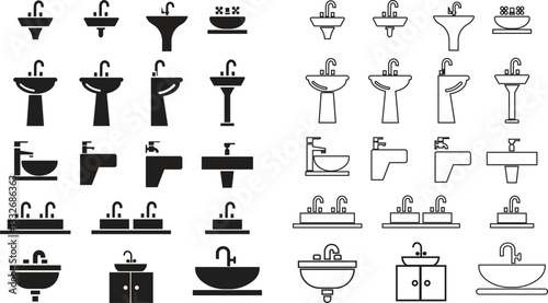 sink unit icon in flat, line set use for kitchen and bathroom washbasin sign isolated on transparent background 