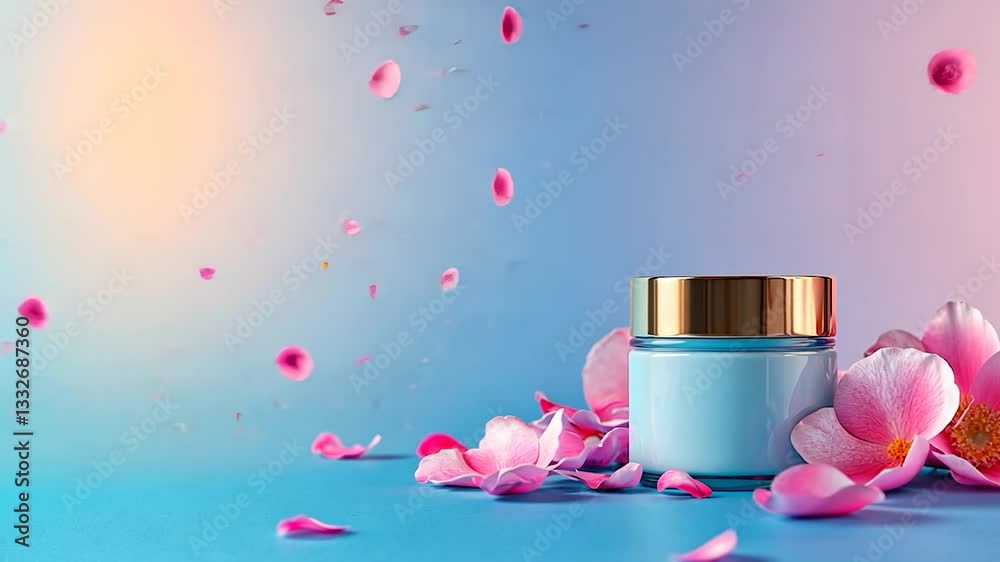 A serene skincare product displayed elegantly among delicate flower petals on a vibrant gradient background A serene skincare product displayed elegantly among delicate flower petals on a vibrant gradient background