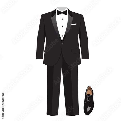 Classic black tuxedo with bow tie and shoe, formal elegance