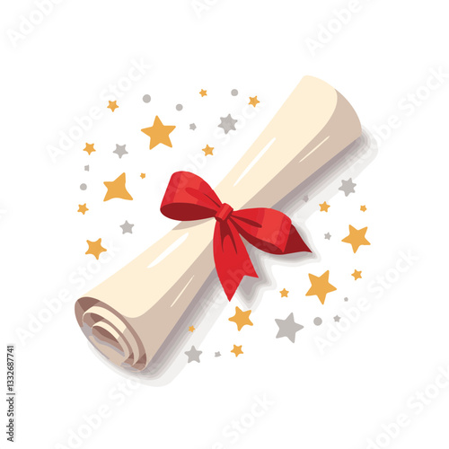 Rolled diploma with red ribbon surrounded by stars, celebration of success