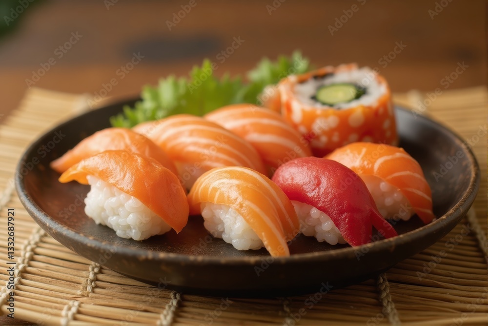 Fresh Salmon Nigiri Sushi & California Roll on Plate: Authentic Japanese Cuisine Fresh Salmon Nigiri Sushi & California Roll on Plate: Authentic Japanese Cuisine