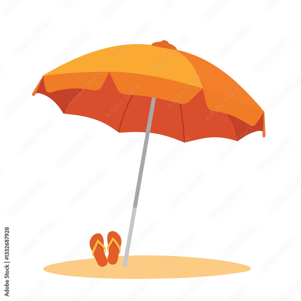 Obraz premium Vibrant orange beach umbrella with flip-flops on white background, summer fun