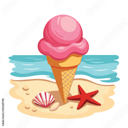 Bright pink strawberry ice cream cone on sandy beach, summer delight