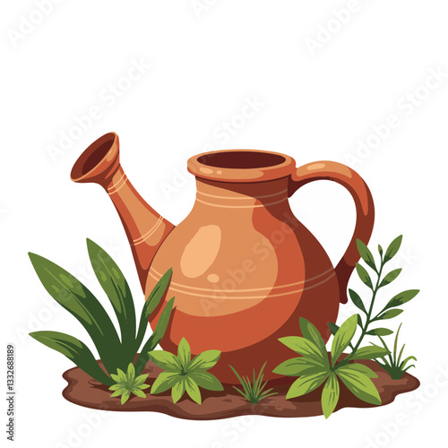 Rustic clay watering jug surrounded by plants, natural serenity