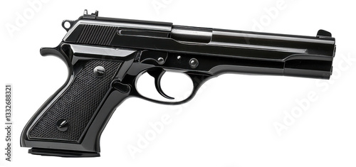 Black gun side view. Pistol weapon chrome color. Isolated firearm object, transparent, png, isolated.