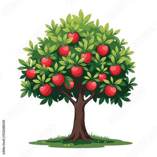 Vibrant apple tree illustration with red apples, nature's bounty