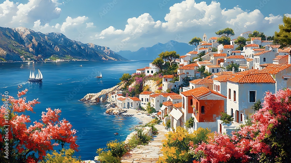 Naklejka premium Oceanfront Greek town with whitewashed buildings high resolution hd picture