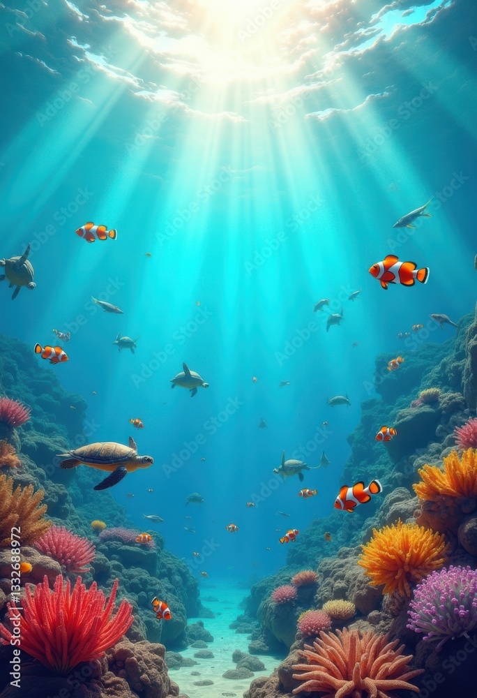 Naklejka premium vibrant colorful seascape featuring diverse marine life under bright sunlit waters playful waves, aquatic, bubbles, beach, blue, coral, currents, deep
