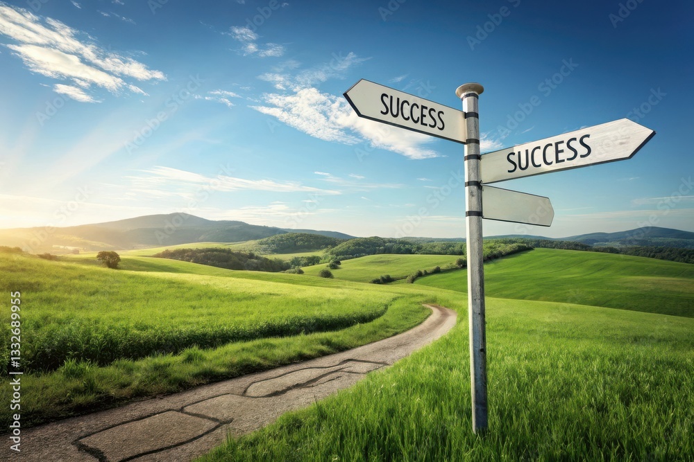 A scenic landscape featuring a road signpost labeled A scenic landscape featuring a road signpost labeled