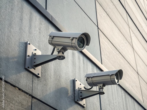 Two security cameras mounted on a modern building facade, monitoring the surroundings for safety and surveillance purposes.
