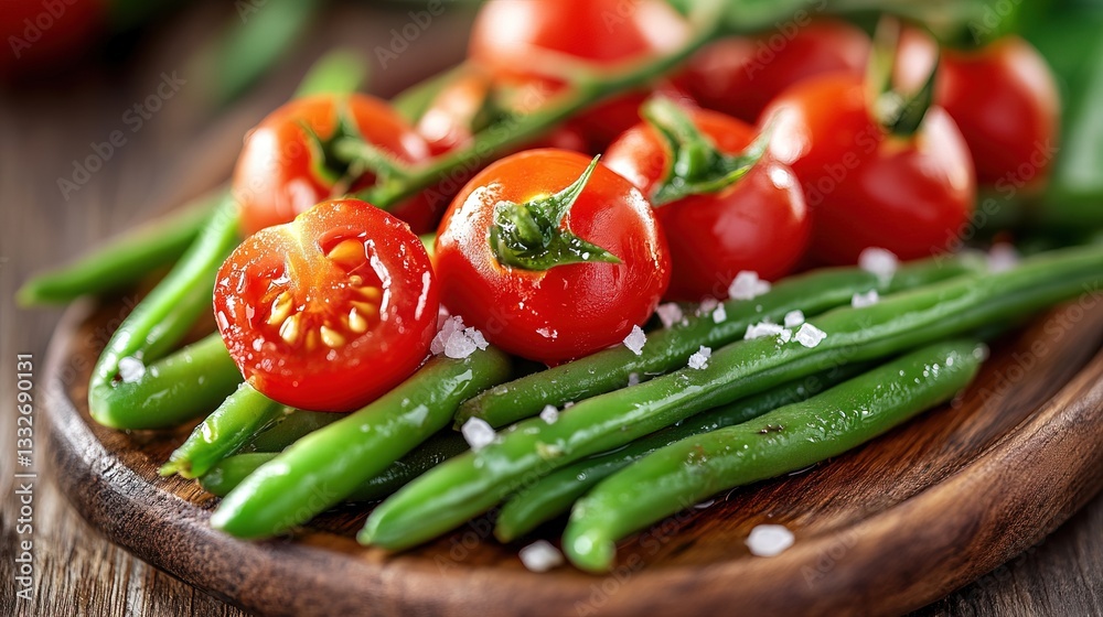 Organic green beans and cherry tomatoes arranged on a wooden platter with sea salt and olive oil. Organic green beans and cherry tomatoes arranged on a wooden platter with sea salt and olive oil.