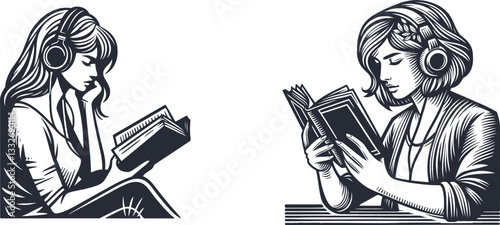 set of vintage woman with styled hair engrossed in reading a book vector illustration, engraving sketch ink poster black illustration etching style tattoo