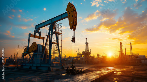 Oilfield at Sunset, Industrial Oil Rig at Dusk